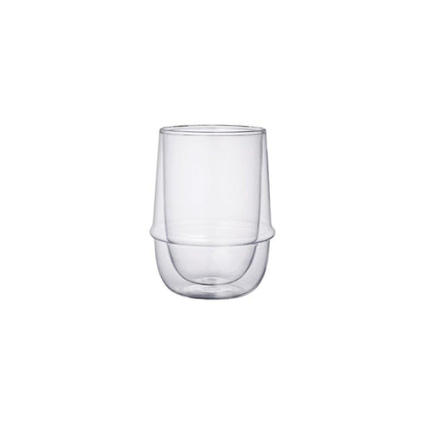 A clear, Kinto Double-Walled Iced Tea Glass: 350mL with a slightly tapered design, featuring a rounded bottom half and a cylindrical top half. Perfect for savoring your favorite Magic Hour tea. The glass is empty and shown against a plain white background.