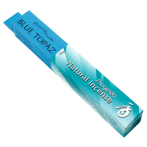 A rectangular box of Blue Topaz Natural Incense from Shoyeido, labeled "BLUE TOPAZ" and "Magnifiscents." The packaging, featuring a gradient of blue hues, includes the word "Joy," Japanese characters, and hints of clove.