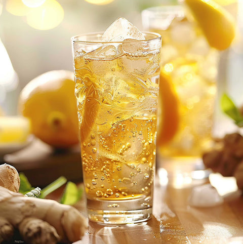 A refreshing glass of Magic Hour's Cream Soda White Tea: Ceremonial Soda Tea with Sugar Destroyer, filled with visible ice cubes and lemon slices. In the background, there's another similar drink accompanied by various ingredients including ginger root, lemons, and a hint of white tea. The setting is bright and sunny, suggesting a warm day.