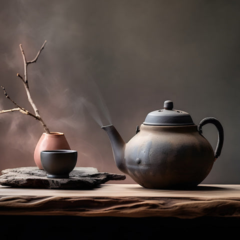 A rustic ceramic teapot with steam rising from the spout sits beside a small, matching cup on a slab of stone, brimming with Magic Hour's Mozambique African Orthodox Black Tea: OP/OPI/FOP. To the left, an empty clay vase holds a bare twig. The setting evokes a serene, minimalist tea moment against a soft, muted background.