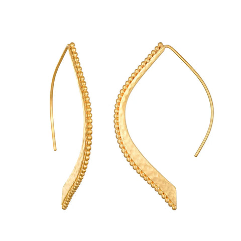 The Hammered Dot Petal Earrings are a pair of gold-plated lotus earrings that feature an elegant curved design with a beaded edge detail. These earrings have a sleek, long hook for wearing, and the beaded texture enhances their intricate and sophisticated appearance.