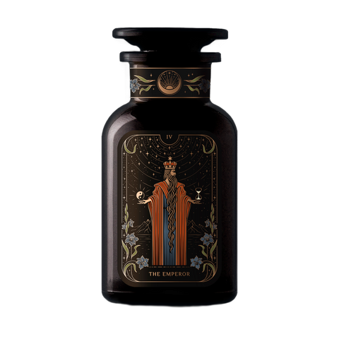 A dark glass bottle showcases an artistic label portraying "The Emperor" tarot card, symbolizing Tarot archetypes. The illustration features a regal figure decked in elaborate robes and a crown, holding scepters in both hands. Organic botanicals and floral elements embellish the lower corners of the label.