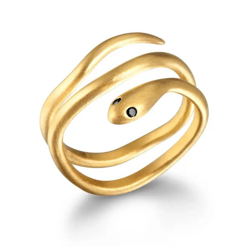 The Gold Coils Black Snake Adjustable Ring boasts a golden coiled serpent design with a smooth finish, detailed black eyes on the snake's head, and an elegant minimalist appearance that artfully wraps around the wearer's finger.