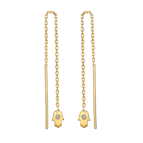 The Hamsa Threader Earrings showcase an elegant 18kt gold plated chain design, complemented by straight bars and small Hamsa hand charms, each adorned with a central labradorite gem.