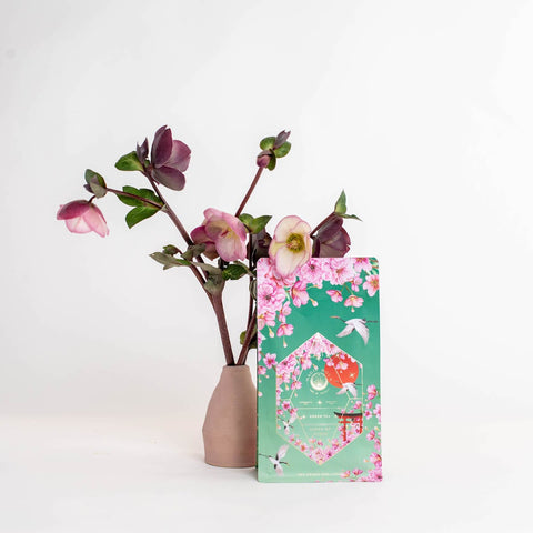 A Queen of Kyoto Case Pack from Magic Hour, a decorative light green bag adorned with pink flowers and birds, stands in front of a pink vase holding a branch with blooming pink flowers. The scene evokes the beauty of the Japanese Cherry Blossom Festival, and the plain white background highlights the vibrant and delicate details of these exquisite items.