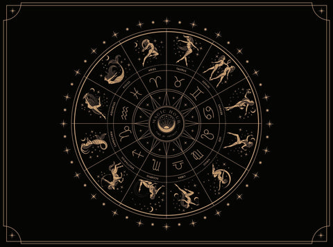 The **Magic Hour Astrology Mandala Tea Towel Case Packs** feature a stunning gold zodiac wheel set against a black backdrop. Made from 100% cotton, the design showcases the twelve astrological signs arranged in a circle, each depicted by its traditional symbol and illustration, with stars scattered around the 40x60cm wheel. An eye symbol is prominently placed at the center.