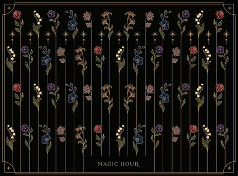 An ornate floral design features various colored flowers, including roses, lilies, and irises, arranged in vertical lines on a black background. Small stars are scattered among the flowers. The text "Magic Hour Tea Ceremony Towels" is displayed at the bottom center, evoking a sense of enchanting loose leaf tea.