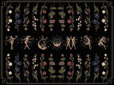 A decorative design on a black background features celestial themes and floral patterns, reminiscent of the enchanting allure found in Magic Hour Tea Ceremony Towels. There are illustrations of women in various poses with moons, stars, and cosmic symbols, complemented by red roses, blue flowers, and green leaves arranged symmetrically.