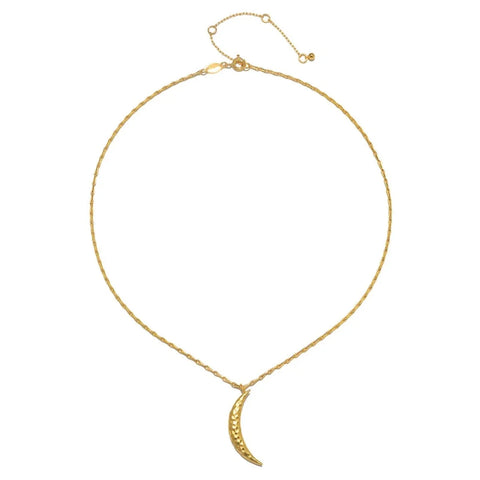 The Midnight Sky Pendant Moon Necklace showcases a delicate gold chain and a crescent moon pendant. Made from hammered 18kt gold, the pendant features a textured surface that adds intricate detail to its refined design. The necklace includes an adjustable clasp with a small extender chain, ensuring the perfect fit in the celestial realm of fashion.