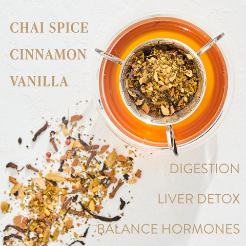 A glass cup filled with Moringa Moon Herbal Tea sits on a clear saucer. Loose leaf tea is scattered next to the cup. Text on the left reads "Chai Spice, Cinnamon, Vanilla." Text on the right reads "Digestion, Liver Detox, Balance Hormones." Enjoy the magic of organic tea with every sip from Club Magic Hour.