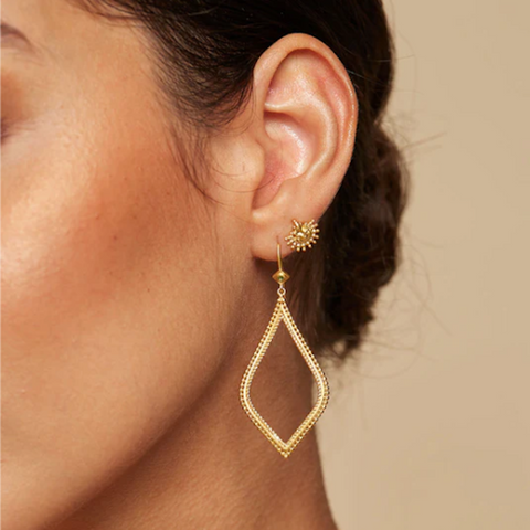 Close-up of a woman's ear adorned with 18kt gold plate earrings. One earring is a small sun-shaped stud, and the other is a larger, diamond-shaped drop earring featuring an elegant, intricate design from Magic Hour's Open to Beauty Green Onyx Earrings. A hint of green onyx gleams from the background's neutral tone.