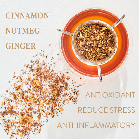 A top view of a Magic Hour Queen of the Harvest : Herbal Relaxation Tea strainer containing a blend of cinnamon, nutmeg, and ginger over a glass mug with tea. Loose tea leaves are scattered beside it. Text around the image lists the benefits: "Antioxidant, Reduce Stress, Anti-Inflammatory." Perfect for any organic tea lover!