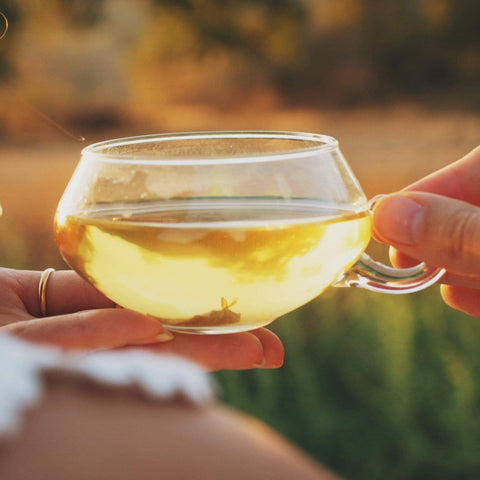 A person holds a transparent glass cup filled with light-colored Club Magic Hour Silver Moon White Tea with both hands. The outdoors background appears blurred, suggesting a warm and sunny environment, possibly during sunset. The person has a visible ring on their finger.