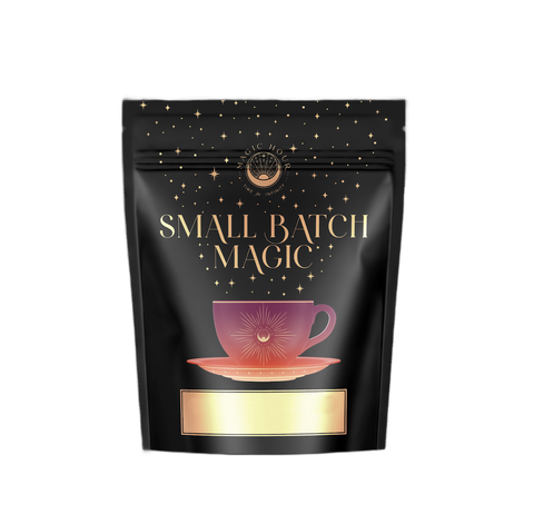 A product package featuring a black background adorned with gold stars displays the text "Lemon Lime Green Tea: Ceremonial Soda Pop Tea with Sugar 'Destroyer'," accompanied by an illustration of a pink teacup on a saucer below. Crafted using organic ingredients, the packaging from Magic Hour exudes a luxurious and enchanting design.