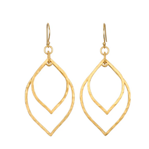 Transformed by Light Lotus Linear Earrings with two nested, elongated, leaf-shaped loops featuring a hook fastening. The outer loop is gently twisted, giving a textured appearance, while the inner loop remains smooth. The design is elegant and minimalistic, perfect for those who appreciate 18kt gold plated earrings by Magic Hour.