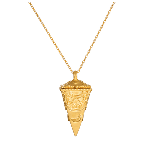 The Divine Messages Pendulum Locket Necklace features an ornate, cone-shaped pendant with intricate patterns and symbols, including a crescent moon near the base. The 18kt gold pendant hangs from a delicate chain, embodying celestial elegance with its moon and stars motif.