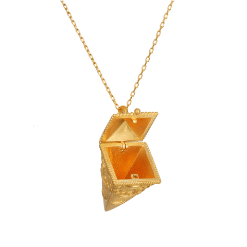 The Divine Messages Pendulum Locket Necklace features an 18kt gold triangular locket adorned with intricate designs, hanging from a delicate chain. The locket opens to reveal an empty interior, ideal for storing small keepsakes.