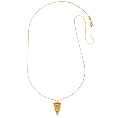 The Divine Messages Pendulum Locket Necklace is a delicate 18kt gold necklace featuring a thin chain with a small, detailed pizza slice pendant encrusted with tiny gems. The intricate design showcases cheese and pepperoni, adding charm. The chain has a clasp for fastening.