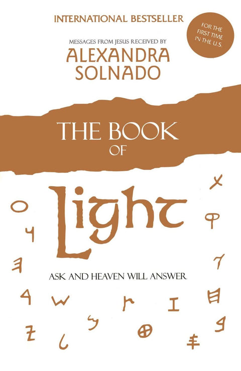 The cover of "The Book of Light: Ask and Heaven Will Answer" by Alexandra Solnado features a white background with brown and gold text. Various abstract symbols are scattered around the title, hinting at the spiritual guidance within. The book is noted as an international bestseller.